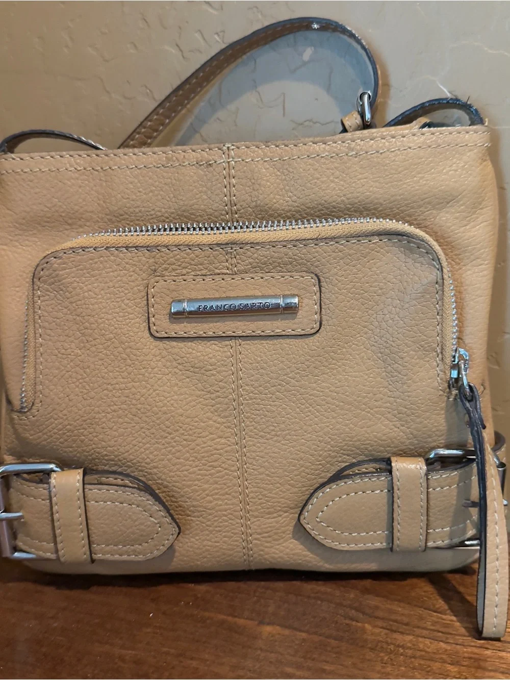 Franco Sarto Tan Pebble Leather Crossbody with Buckle Accents